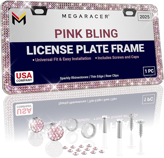 Glamorous Bling License Plate Frame for Women - 1 Pack, 800 Premium Pink Rhinestones, Rust-Free Stainless Steel, Street Legal Slim Design, Sparkly Diamond Car Tag Holder with Glitter Crystal Covers