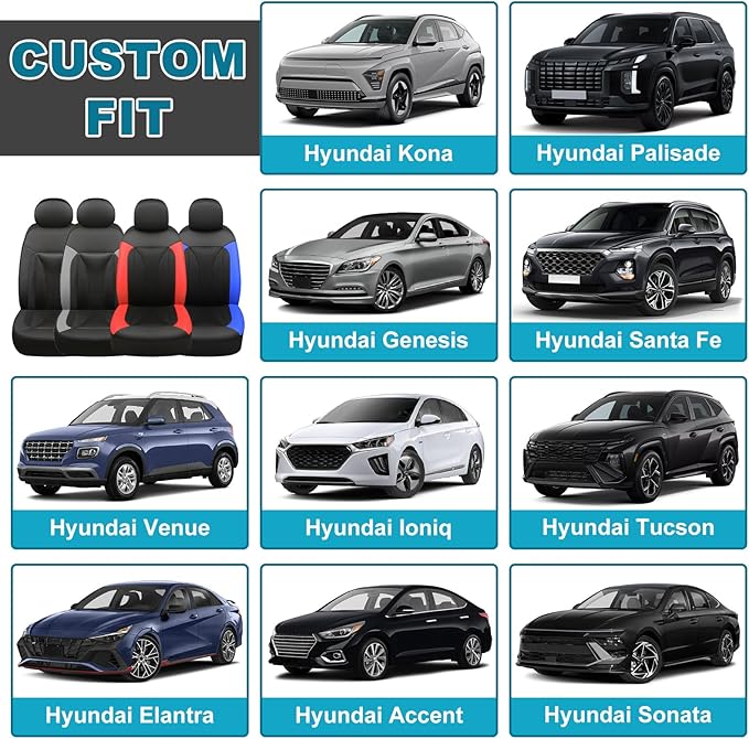 GIANT PANDA 2 Front Leather Car Seat Cover for Hyundai,3D Air Cool Mesh Thick Seat Covers Custom Fit Hyundai Sonata Elantra Santa Fe Tucson Accent Kona Palisade Genesis Venue Ioniq (Blue+Black)