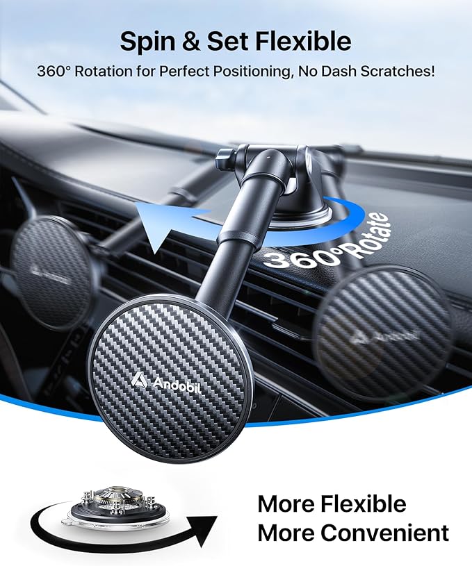 【True Military-Grade】andobil 3 in1 Magnetic Phone Holder for Car Dashboard Windshield Vent 【Upgrade Suction & Strongest Magnet】Retractable for MagSafe Car Mount for iPhone 16 15 14 13 Pro Max Sumsung