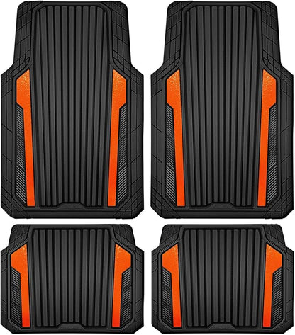 CAR PASS Heavy Duty Rubber Car Mats Metallic, Aluminum Film All Weather Floor Mats Waterproof Universal Trim to Fit SUVs Sedans Vans 4 Piece Anodized Deep Dish Two-Tone Sporty Black Orange Chrome