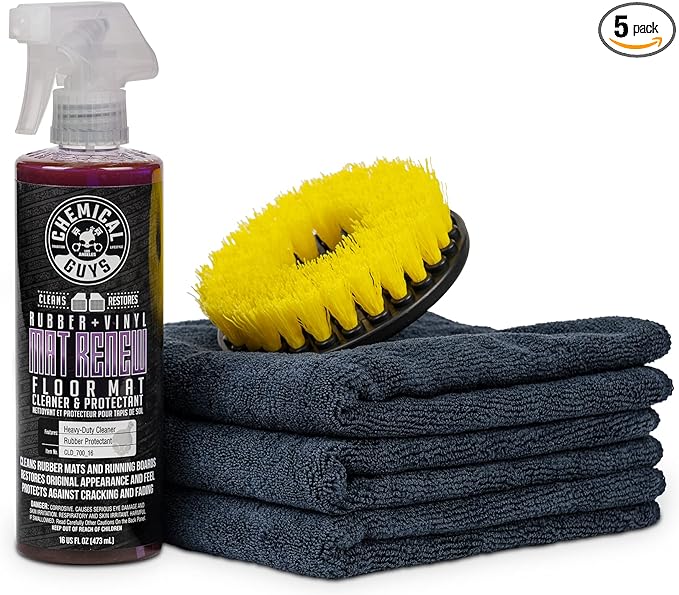 Chemical Guys HOL70016 Heavy Duty Floor Mat Cleaning Kit with Mat Renew Rubber + Vinyl Floor Mat cleaner and Protectant (16 fl oz), Drill Brush Attachment, & Workhorse Towels, 5 Item Kit