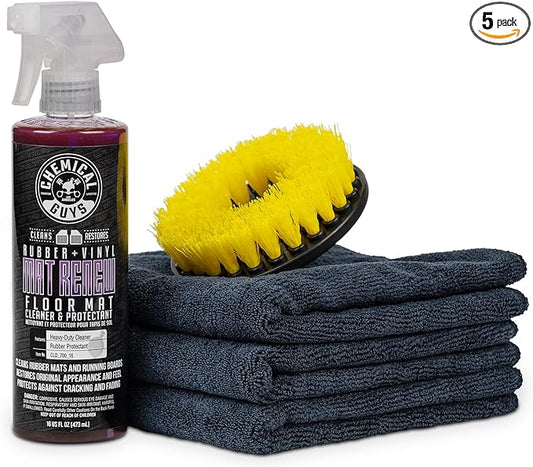 Chemical Guys HOL70016 Heavy Duty Floor Mat Cleaning Kit with Mat Renew Rubber + Vinyl Floor Mat cleaner and Protectant (16 fl oz), Drill Brush Attachment, & Workhorse Towels, 5 Item Kit