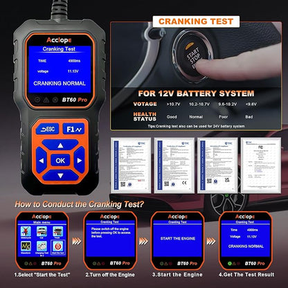 BT60 Pro Acclope Car Battery Tester with Cloud Printing 100-3000 CCA 6V 12V 24V AGM Lithium Gel Battery Checker Automotive Alternator Digital Analyzer Charging Cranking System Vehicles Truck Home-use