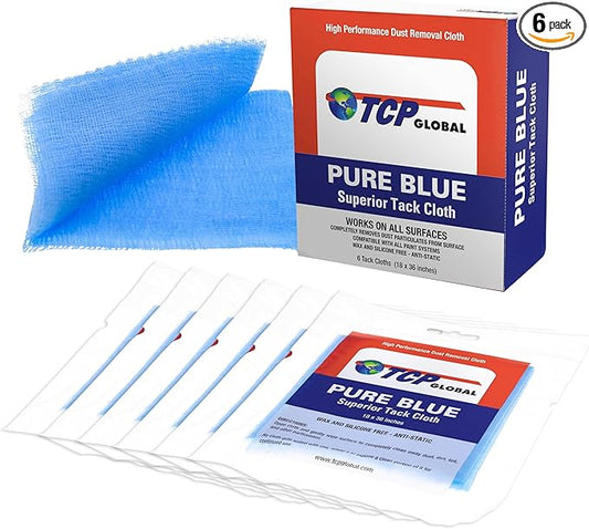 TCP Global - Pure Blue Superior Tack Cloths - Tack Rags (Box of 6) - Automotive Car Painters Professional Grade - Removes Dust, Sanding Particles, Cleans Surfaces - Wax and Silicone Free, Anti-Static