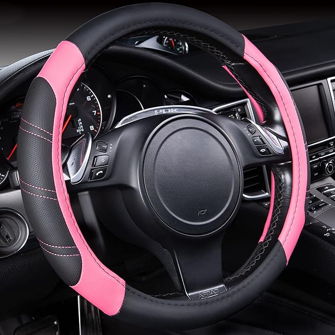 CAR PASS Line Rider Microfiber 14 Inch Leather Sporty Steering Wheel Cover Universal Fits for 95% Truck,SUV,Cars, Anti-Slip Safety Comfortable Desgin (Black Pink)