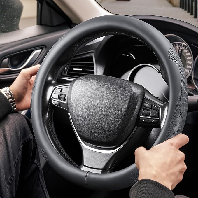 【2025 Model】 Real Cowhide Steering Wheel Cover for Men Women，Gray Genuine Leather Steering Wheel Cover for Cars,Universal 14.5-15 inch Steering Wheels,Grid & Square Motif