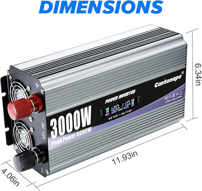 3000W Power Inverter 12V to 110V/120V DC to AC with LCD Display, Remote Controller and 4 x AC Outlets Car Adapter for Car Truck Boat RV Off Grid Solar System