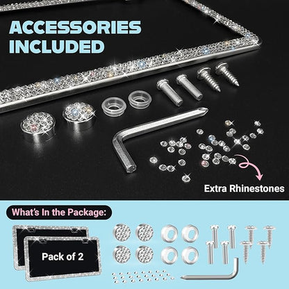 Dazzling Bling License Plate Frames for Women - 2 Pack, 1600 Premium Rhinestones, Rust-Free Stainless Steel, Street Legal Slim Design, Sparkly Diamond Car Tag Holders with Glitter Crystal Screw Covers