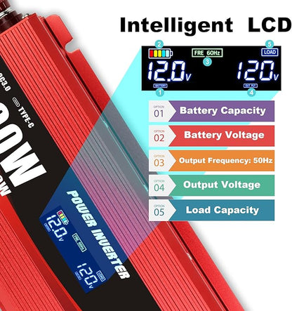 1000W Car Power Inverter DC 12V to 110V/120V AC Converter with LCD Display 2 AC Outlets 3.0A USB and Type-C Car Charger Adapter for Car Home Laptop Truck