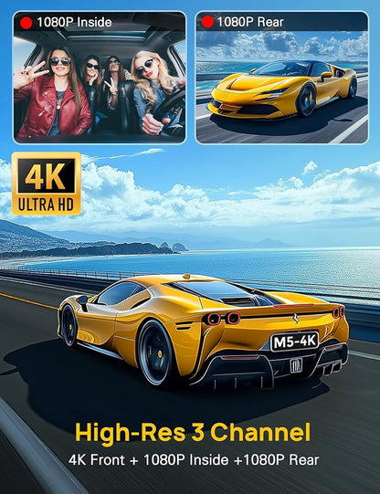 3 Channel 4K Dash Cam Front and Rear Inside, Built-in 5G WiFi, 4K+1080P+1080P Dash Camera for Cars with 64GB Card, Dashcam with Loop Recording, G-Sensor, 24H Parking Monitor, Silver