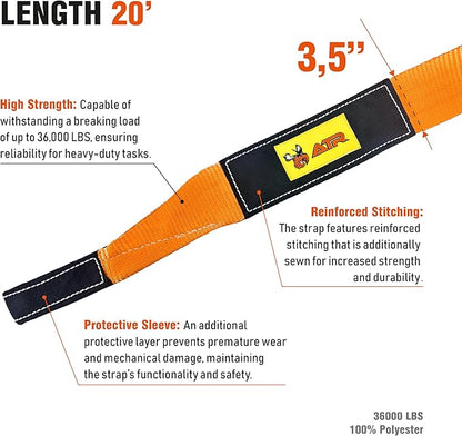 ATR Recovery Tow Strap 3.5" x 20ft – 36,000 lbs Break Strength, Heavy Duty Snatch Strap for Truck, SUV, UTV, Off-Road Pulling, Tow Rope with Storage Bag