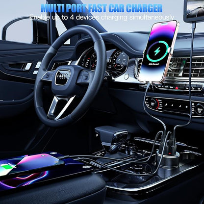 Car Charger with USB C Cable, 78W 4 Port Car Phone Charger Adapter Fast Charging, Dual USB C Car USB Adapter for iPhone 16 15 14 13 12, iPad, Samsung Glaxy, Android (Black & Cable)