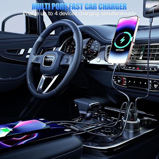 Car Charger USB C, 78W 4 Port Fast Charging Car Phone Charger Adapter, Dual USB-C & USB-A Cigarette Lighter Adapter with Voltmeter Type C Vehicle Accessories for iPhone 16 15, iPad, Samsung, Android