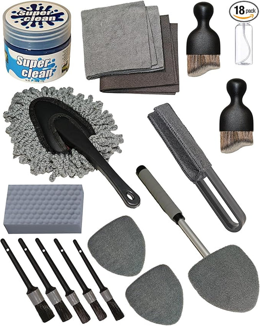 18Pcs Professional Car Interior Detailing Kit All-in-One Cleaning Tools for Windows, Dashboard, Vents, Windshield Cleaner Brush, Magic Sponge, Chamois Cloth, Detailing Brushes & Accessories