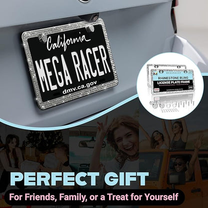Dazzling Bling License Plate Frames for Women - 2 Pack, 1600 Premium Rhinestones, Rust-Free Stainless Steel, Street Legal Slim Design, Sparkly Diamond Car Tag Holders with Glitter Crystal Screw Covers