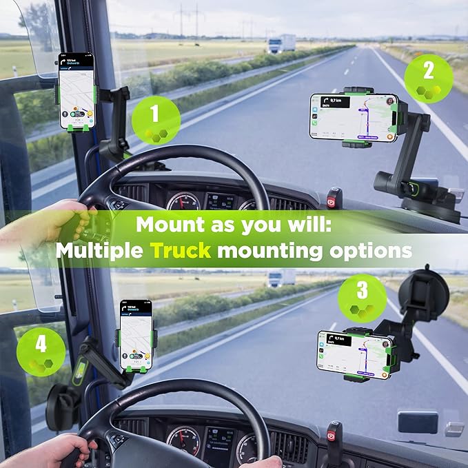 Phone Mount for Truck Phone Holder for Truck - Heavy Duty Super Suction Cup, Mobile Device Holder Dashboard Window 16.9 inch Long Arm & Stable, iPhone & Samsung Compatible, Semi Trucker, Green