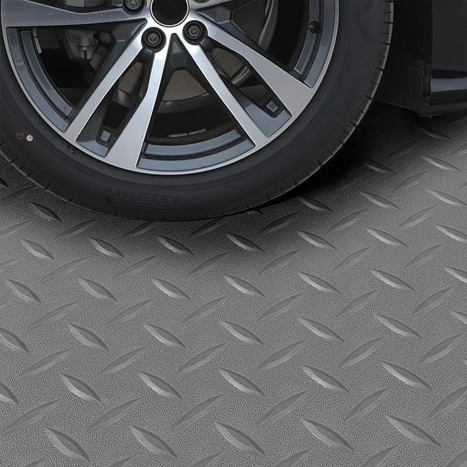 Boshen 7.5Ft x 17Ft Rubber Flooring Mats 1.6mm Diamond Plate Flooring Roll 127.5sqft Rubber Trailer Garage Floor Mats Non-Slip Floor Protector Mat for Garage Warehouse Gym Basement-Gray