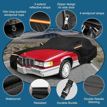 Car Cover for Cadillac Deville 1985-1993 Sedan 4 Door Waterproof All Weather Full Car Cover with Door Zipper Car Covers for Automobiles for Sun Rain Snow Protection