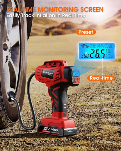 Digital Cordless Tire Inflator Portable Air Compressor Automatic 160PSI w/Gauge Screen & 4+N Smart Mode & Dual Power Supply, Rechargeable 21V Battery Powered Handheld Air Pump, Car Tire Pump