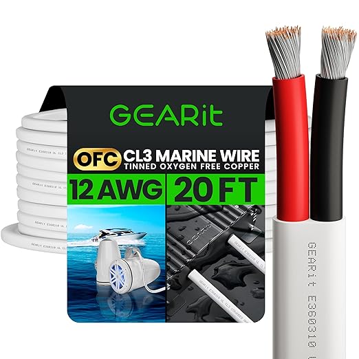 GEARit 12 Gauge Marine Wire, 12/2 AWG (20ft) Marine Grade Tinned Copper Oxygen Free, Duplex 2-Conductor Insulated Red & Black Electrical Cable for Boat, Automotive, RV, Camper, Trailer