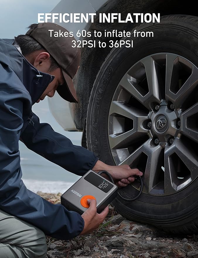 AstroAI Portable Car Jump Starter with Air Compressor, 150PSI 1750A Car Jumper Starter Battery Pack with Cordless Tire Inflator (7.5 Gas/5.0L Diesel), 12V Jump Box, Large LCD Display, Lights
