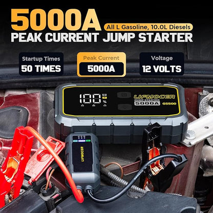 GS500 Car Jump Starter - 5000A Car Battery Jump Starter for Up to All Gas and 10.0L Diesel Engines, 12V Portable Jump Box with Storage Case USB Quick Charge, and LCD Display