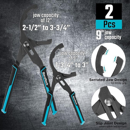 DURATECH 8-Piece Oil Filter Swivel Wrench Set, Wrenches Cover 2-3/4" to 5-1/4", 9" & 12" Adjustable Oil Filter Pliers, Universal 3-Jaw Removal Tool with 1/2" to 3/8" Adapter, Organized in Storage Case