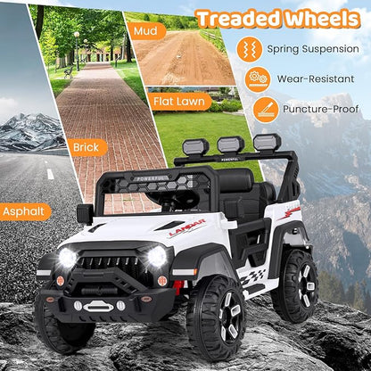Costzon Kids Ride on Truck, 12V Electric Ride on Car with Remote Control, 3 Speed & Spring Suspension, Wireless Connection, USB, Music, Light, Kids Ride on Toys for Boys Girls (White)