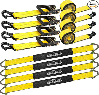 Car Tie Down Straps for Trailers 2inch x10ft - J Hooks with Safety Clips(10,000 Lbs Break Strength)-4 Pack Heavy Duty Vehicle Hauler Strap Tire Ratchet Straps with Axle Straps for Truck Utv Trailer