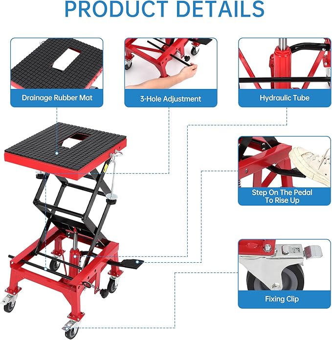 Hydraulic 350LBS Motorcycle Lift Jack - Foot-Pump Scissor Lift Table with Safety Lock, Wheels & Oil Drain Hole - Height Adjustable 13.78-34.25" for ATV, Dirt Bike, Cruiser Maintenance Red