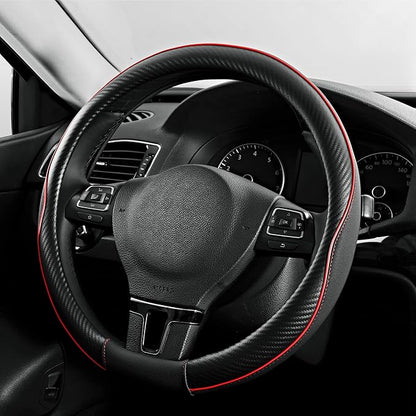 PIC AUTO Steering Wheel Cover, Red Piping Leather, Sports Carbon Fiber and Super Breathable Leather, Universal 14.5-15.5 Inch Anti-Slip Steering Wheels Accessories for Men & Women