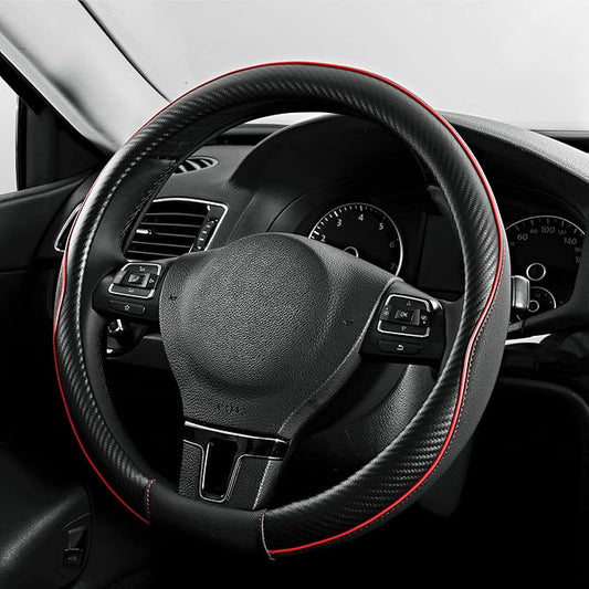 PIC AUTO Steering Wheel Cover, Red Piping Leather, Sports Carbon Fiber and Super Breathable Leather, Universal 14.5-15.5 Inch Anti-Slip Steering Wheels Accessories for Men & Women