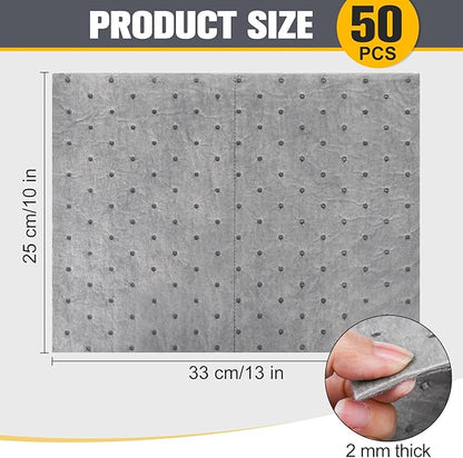 50PC Oil Absorbent Pads | 13"x10" Meltblown Polypropylene Mats, Hand-Tear Lines for Automotive & Workshop | Vacuum Eco-Packaging, Reusable Spill Control