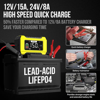 NEXPEAK NC215 15-Amp Battery Charger, Trickle Charger Car Battery Charger 12V 24V LiFePO4 Lead Acid Portable 9-Stage Smart Battery Maintainer w/Temp Compensation for Car Truck Lawn Mower Boat Marine