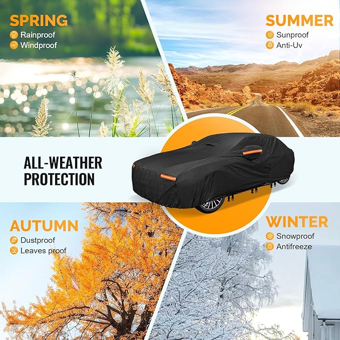 30 Layers Car Cover for Automobiles All Weather Waterproof, Outdoor Snowproof UV Protection Windproof, Door Zipper, Soft Cotton, Heavy Duty Universal Car Covers, (Black, Fit Sedans 171"-180")