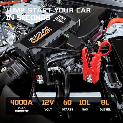 4000A Jump Starter 12V Battery Jumper Starter(10L Gas 10L Diesel Engine),Car Battery Jump Starter with 3" LCD Display, Power Bank/Dual Output/LED Light