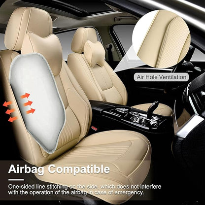 Car Seat Covers Full Set, Front and Rear Seat Covers for Cars, Waterproof Leather Auto Seat Protectors with Head Pillow, Car Seat Cushions Fit for Most Sedans SUV Pick-up Truck, Beige