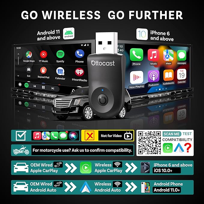 OTTOCAST Mini Dongle Wireless CarPlay Adapter for iPhone & Android Auto Adapter 2-in-1 Convert Wired to Wireless Apple Car Play, Plug & Play, USB-C, Low Latency (2016+ Cars, iOS 10+/Android 11+)