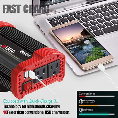 400W Car Power Inverter, DC 12V to 110V AC Converter with 2 Charger Outlets and Dual 3.1A USB Ports Cigarette Lighter Socket Adapter(Black)