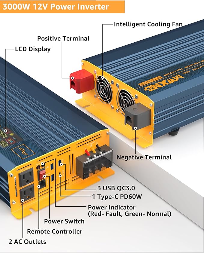 3000W Pure Sine Wave Power Inverter DC 12V to 110V 120V with Fast Charging Type-C& 3 USB Ports LCD Display Remote Controller Power Inverters for Vehicles,RV,Truck,Home,Off-Grid Solar System