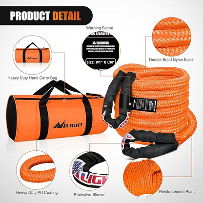 Nilight Kinetic Recovery Rope 33000 LBS 1" x 30ft Snatch Strap Heavy Duty Offroad Towing Starp Kit Vehicle Recovery kit for UTV ATV SUV Truck Car Jeep Tractor