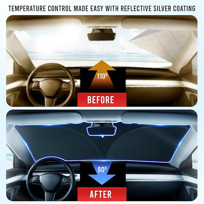 EcoNour Windshield Sun Shade for Tesla Model 3/Y Cars | (2016–2025) Foldable Sun Shield | Tesla Accessories – Upgraded Windshield Fits for Both Tesla Model Y Sunshade and Tesla Model 3 Sunshade