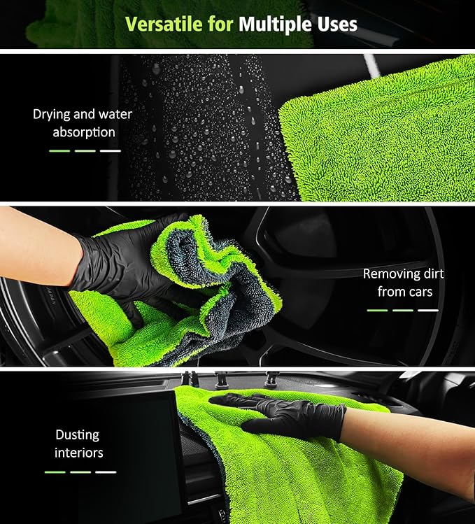 2-Pack Car Drying Towels, 16"x 16" Microfiber Drying Towel for Car Detailing, 1400 GSM High Absorbent Edgeless Streak Free Car Wash Drying Towels for Car Truck SUV, Green&Gray