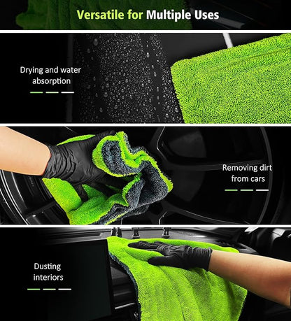 2-Pack Car Drying Towels, 16"x 16" Microfiber Drying Towel for Car Detailing, 1400 GSM High Absorbent Edgeless Streak Free Car Wash Drying Towels for Car Truck SUV, Green&Gray
