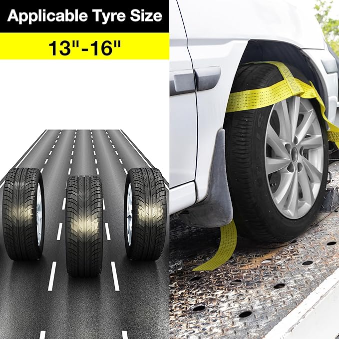 Tow Dolly Basket Straps with Flat Hooks Fits 14" 15" 16" Car Auto Hauler Wheel for A Car Trailer,SUV,UTV,ATV Transport Vehicle Tire Tie Down Strap Kit Heavy Duty Tire Bonnet Net Safe
