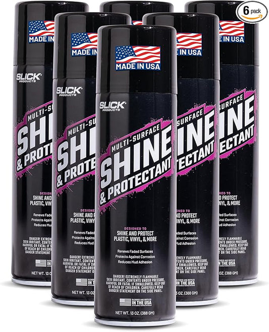 Slick Products Shine & Protectant, Long-Lasting High-Gloss Clear Coat Spray, Renew, Shine, and Protect Plastic, Vinyl, Rubber, Trim, and More (6-Pack)