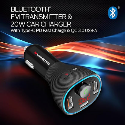 Monster Bluetooth FM Transmitter for Car Cigarette Lighter with 20W QC3.0 USB A & USB C PD Charger, Bass Boost Button, Flash Drive Port, Google Voice & Siri Compatible, Hands-Free Calls, Microphone
