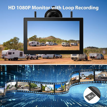 10.1" Magnetic Solar Wireless Backup Camera System, HD1080P Loop Recording 10.1 Inch Touchscreen Monitor with Quad RV Backup Cameras Wireless System for RV Trailer Tractor Truck, BL101