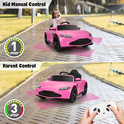 Ride on Car with Remote Control, 12V Licensed Aston Martin Electric Car for Toddlers with Soft Start, Music, USB, Bright Lights, Battery Powered Car for Kids 36-95 Months (Pink)