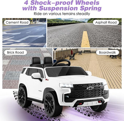 HONEY JOY Ride On Truck, 12V Licensed Chevrolet Tahoe, Chevy Electric Vehicle for Kids, Soft Start, Music, Lights, Battery Powered Ride On Car Toy with Remote Control, Gift for Boys Girls (White)